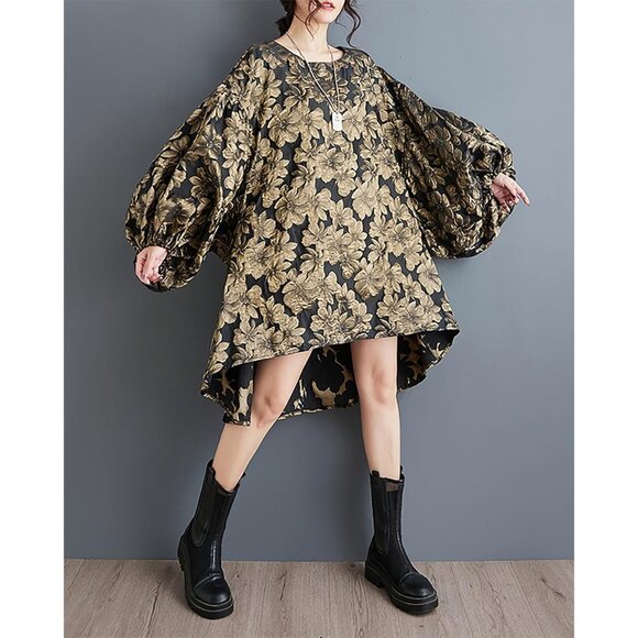 Women's Cotton-Polyester Long Sleeve Crewneck Casual Dress Oversize - Picture 2 of 6